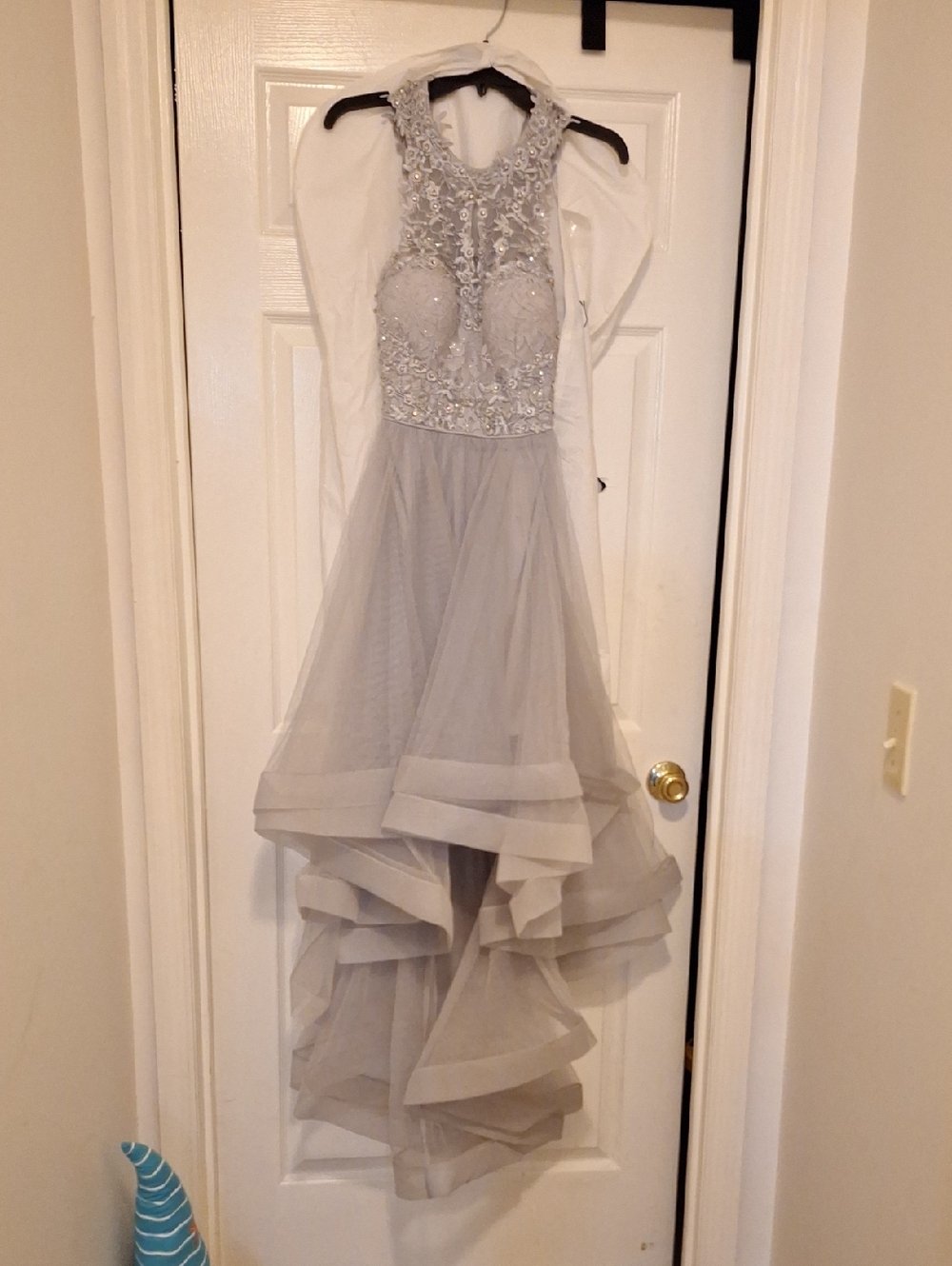 Embellished High-Low Evening Dress in Light Gray